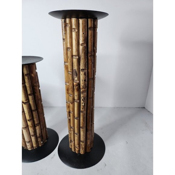 Vintage Tall Cylinder Bamboo Votive Candle Holder Set Of Three Rustic Bohemian - Picture 2 of 11